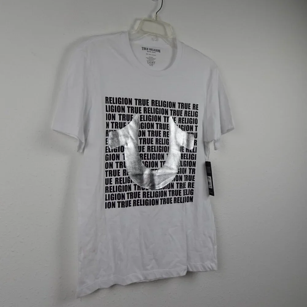 True Religion T-Shirt Men's Size S White Horseshoe Spell Out Logo Cotton